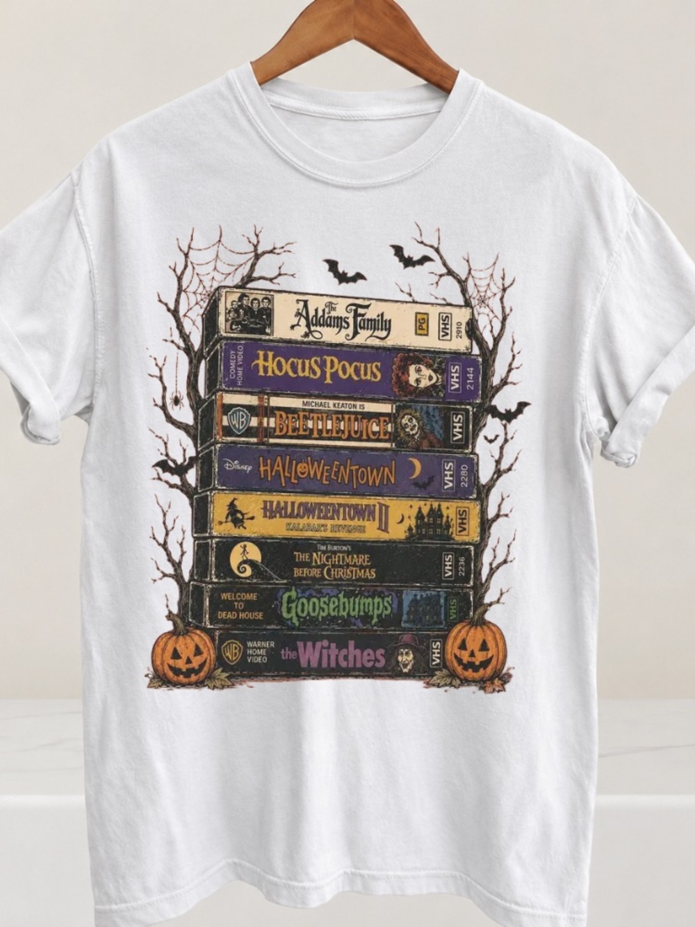 Halloween Classic Movies Stack Graphic Tee, Spooky Season Tee - White